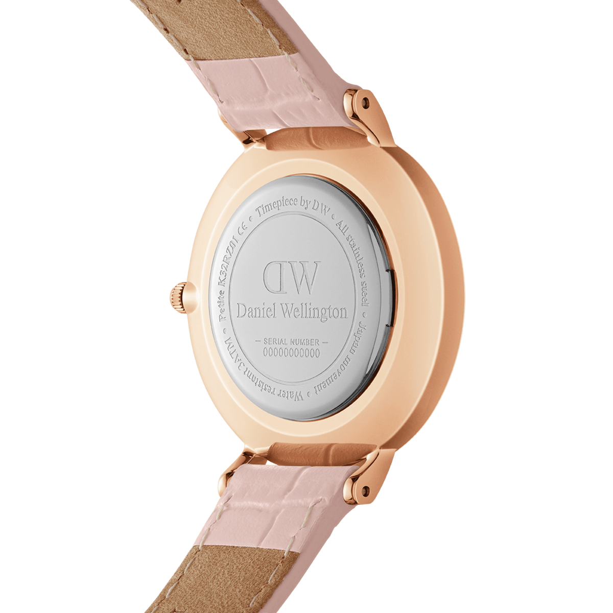 Back view of the Daniel Wellington Petite Rouge ladies' watch with a rose gold case, engraving, and light pink leather strap with crocodile embossing.