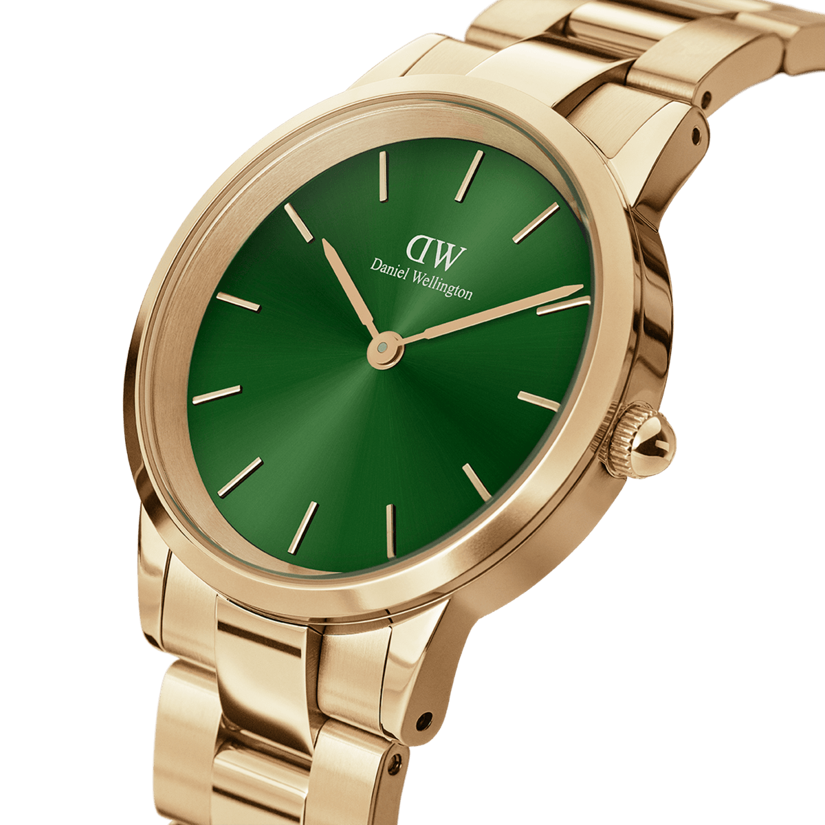 Golden women's wristwatch Iconic Link Emerald Gold with emerald green dial, gold indices and polished stainless steel link bracelet.