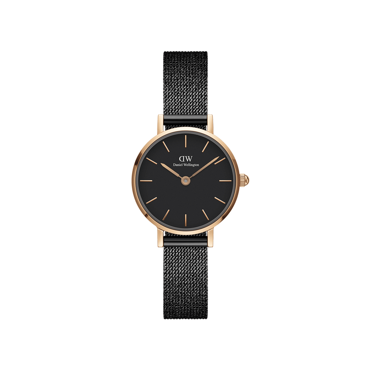 Reloj Petite Pressed Ashfield de 24 mm con esfera negra, caja en oro rosa y correa de malla negra en acero inoxidable, presentado sobre fondo blanco.
