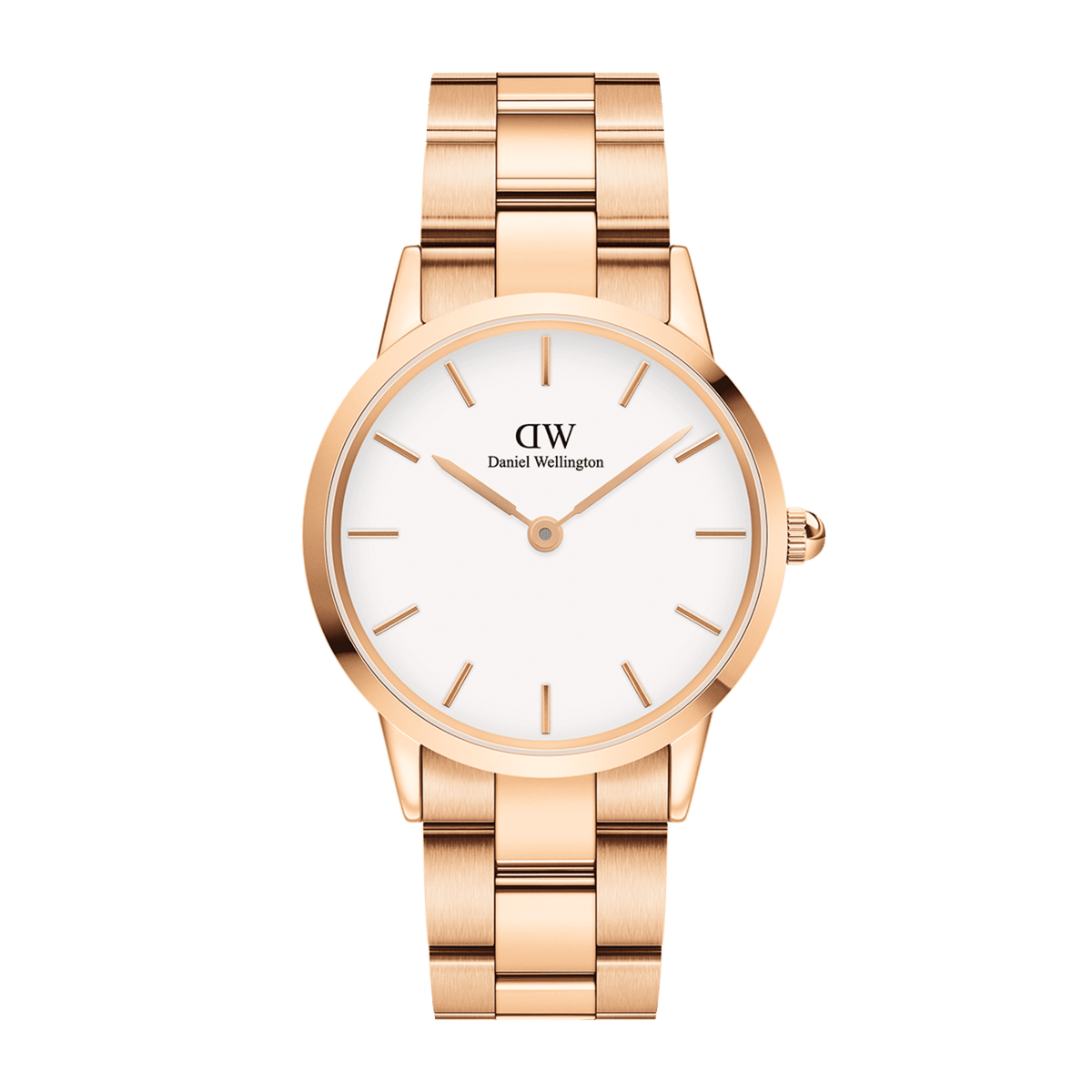 Elegant women's watch in rose gold with a white, minimalist dial and polished stainless steel strap by Daniel Wellington.