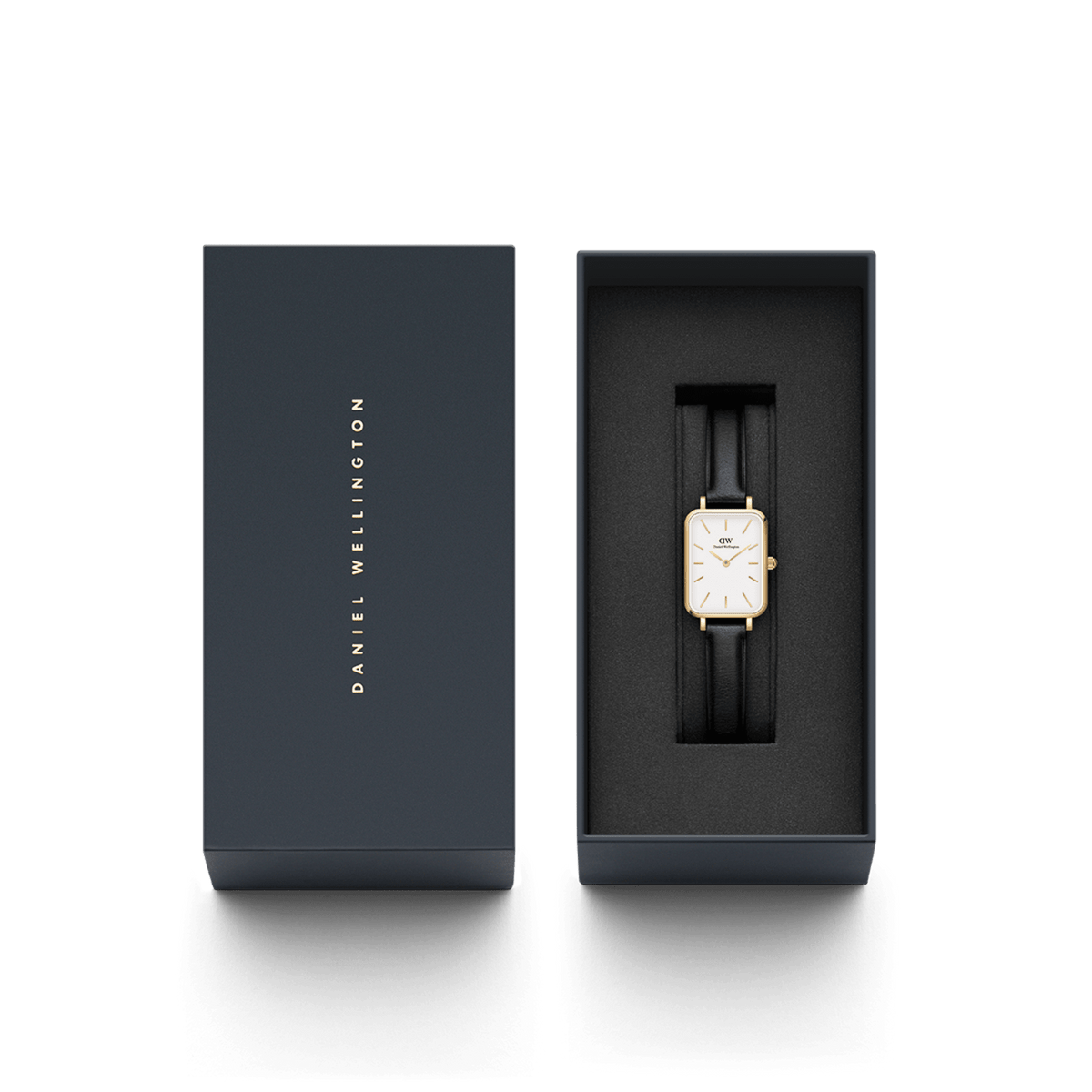 The Quadro Pressed Sheffield Gold ladies' watch with rectangular case and black leather strap is presented in an elegant gift box.
