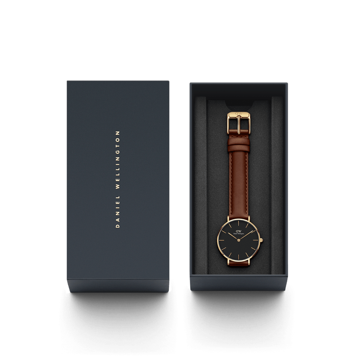 Petite St Mawes Gold women's watch with black dial and brown leather strap in an elegant Daniel Wellington gift box.