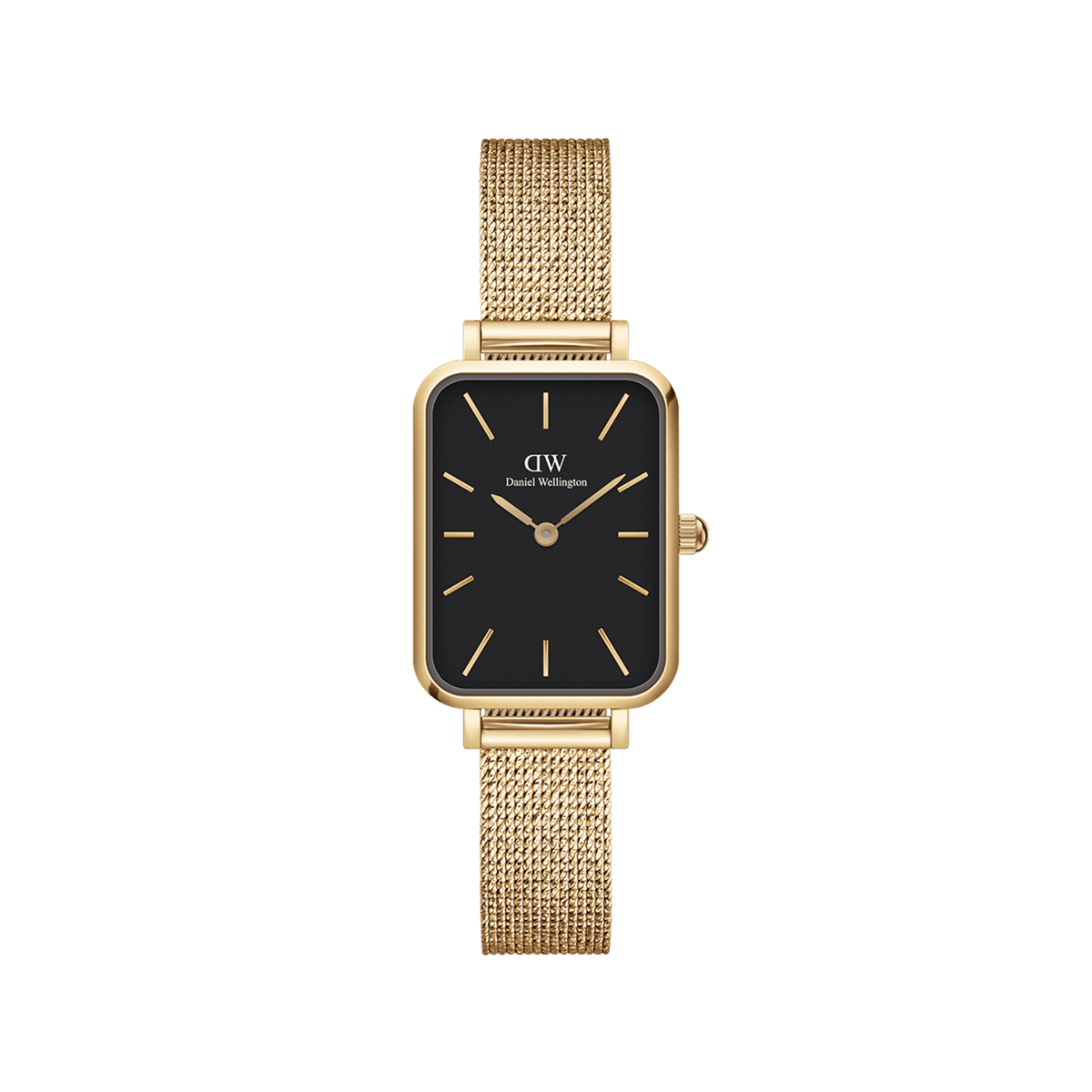Rectangular ladies' watch with black dial, gold-coloured mesh strap and delicate gold indices, model Quadro Pressed Evergold by Daniel Wellington.