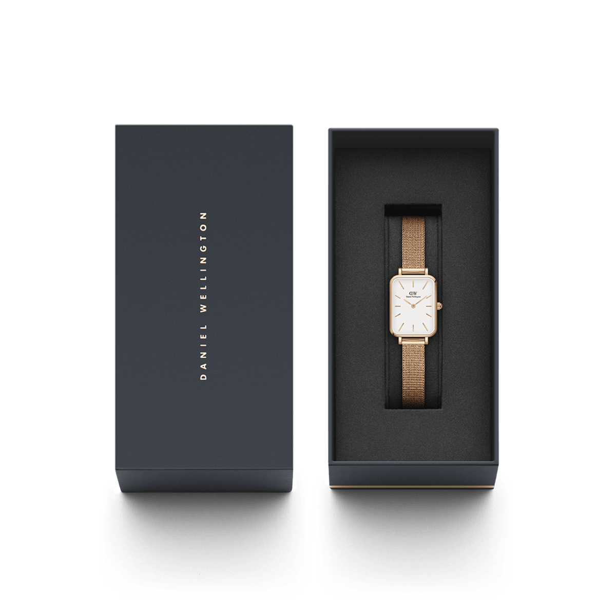 The Quadro Pressed Melrose ladies' watch with a rectangular case and rose gold mesh strap is presented in an elegant black gift box.