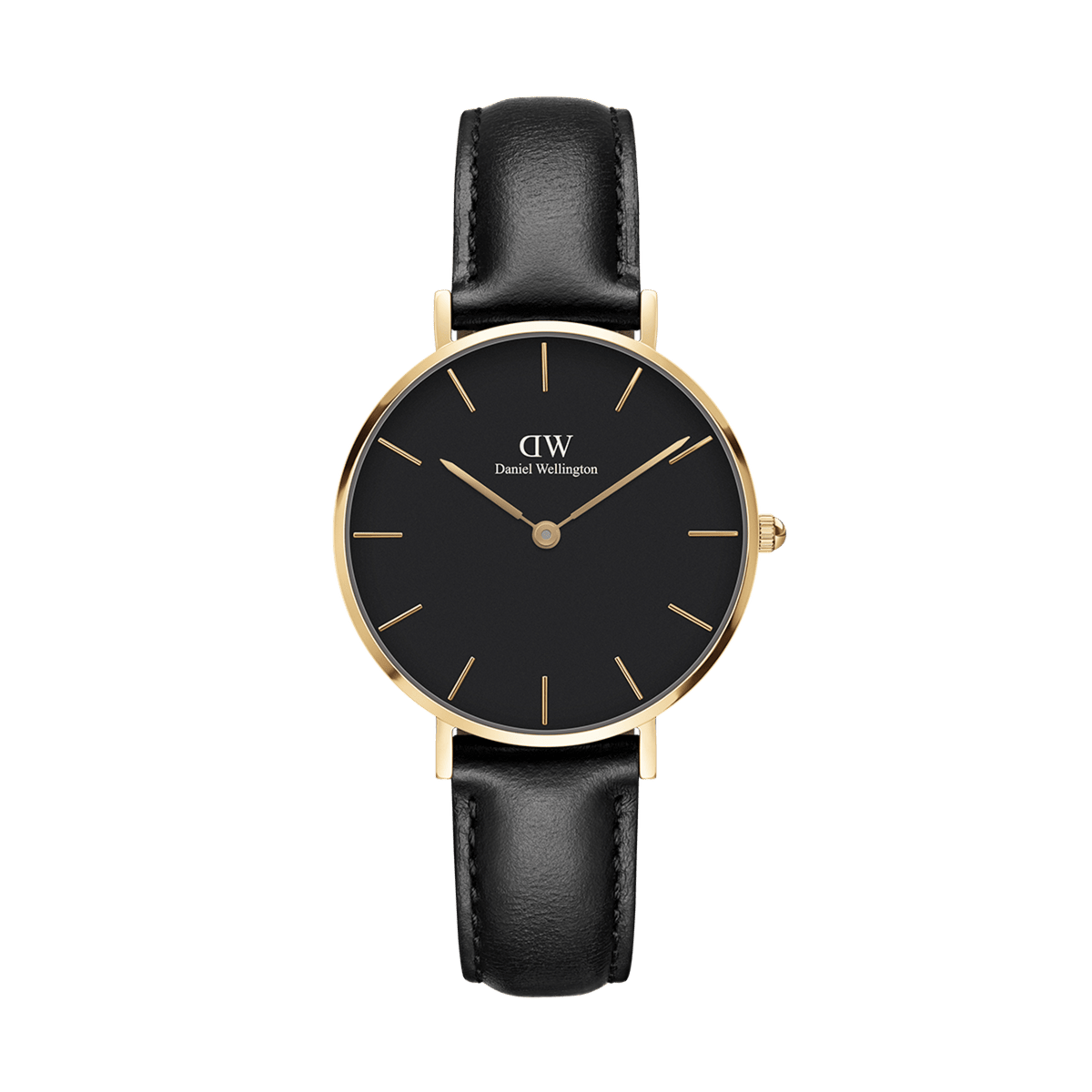 Elegant women's watch with black dial, gold-coloured stainless steel case and classic black leather strap.