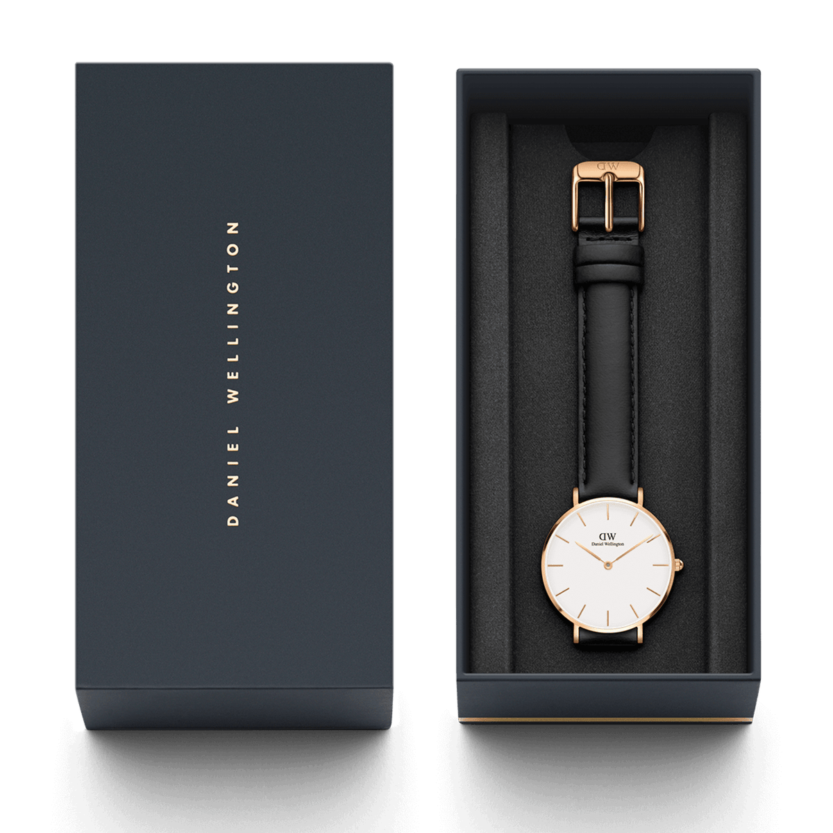 Petite Sheffield women's watch by Daniel Wellington with a rose gold case and black leather strap, stylishly presented in an elegant gift box.