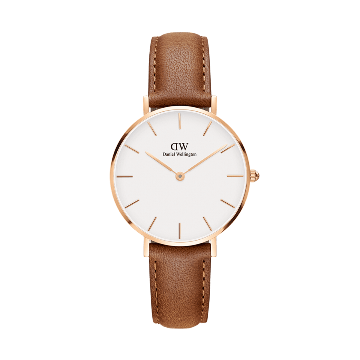 Elegant ladies' watch with a round case in rose gold, white dial, and light brown strap made from Durham leather.