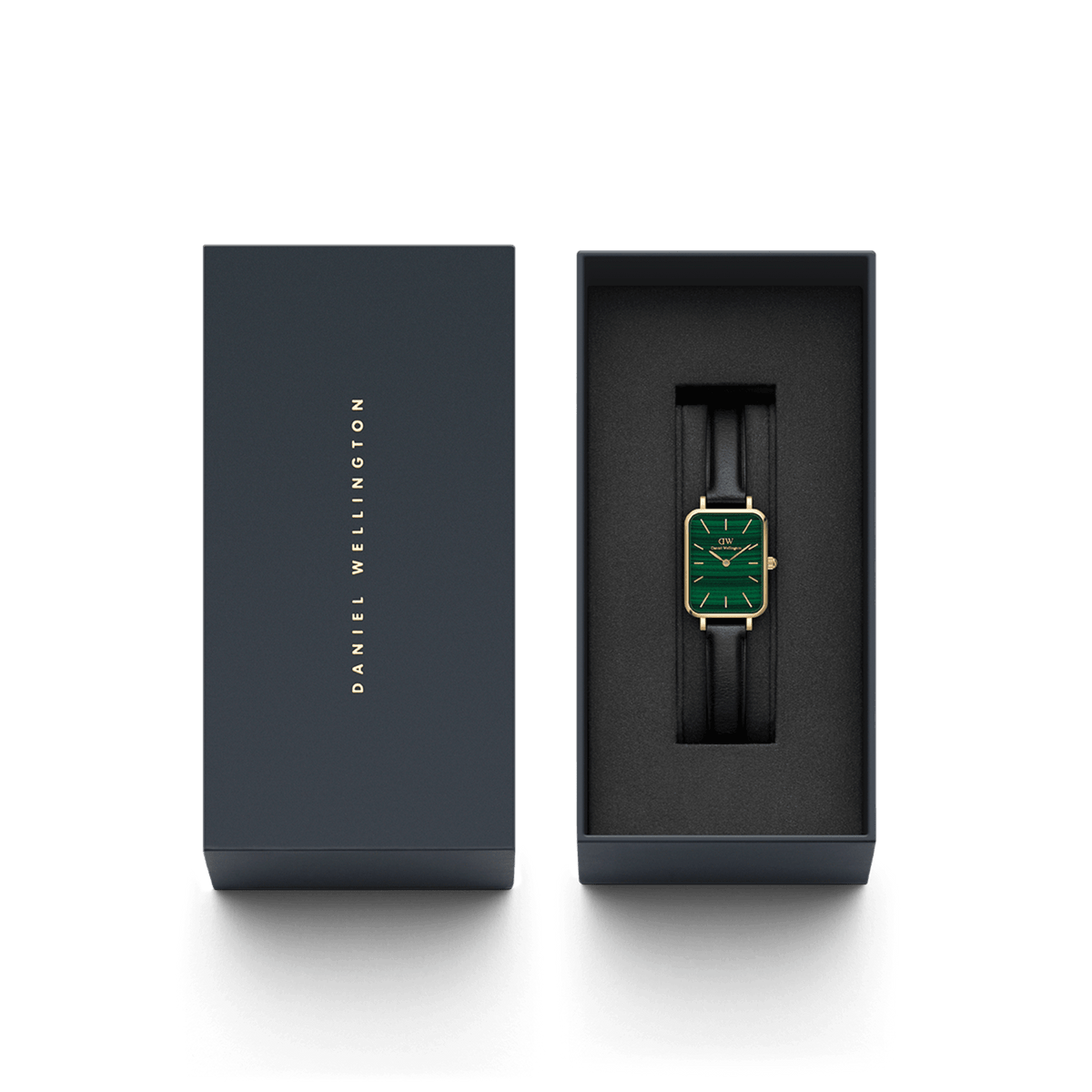 The Quadro Pressed Sheffield Gold women's watch with green dial and black leather strap is elegantly presented in a high-quality Daniel Wellington gift box.