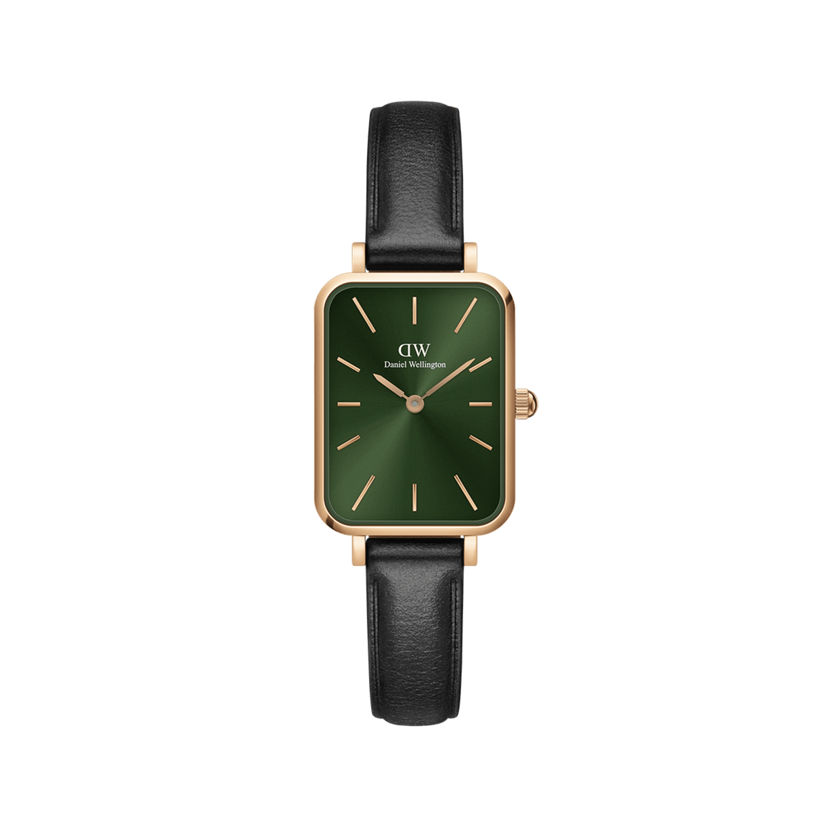 Elegant women's watch with a rectangular rose gold case, emerald green dial, and black leather strap.