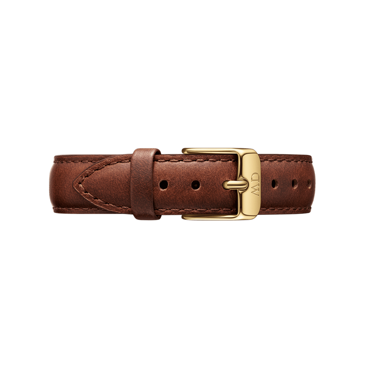 Brown leather strap of the Petite St Mawes Gold women's watch with gold-coloured pin buckle and fine decorative stitching.