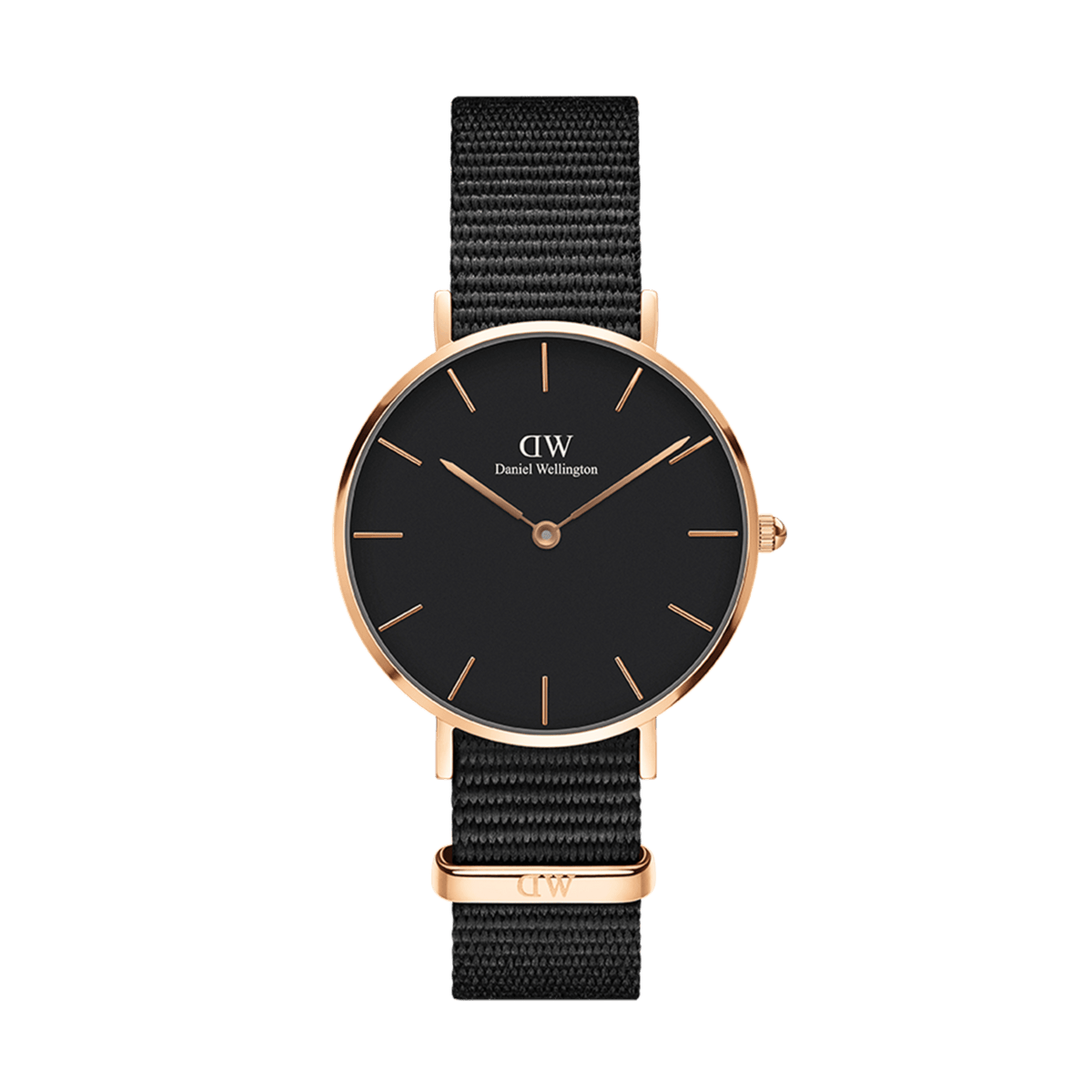 Daniel Wellington Petite Cornwall Rose Gold ladies' watch with round rose gold case, black dial, and black NATO strap.