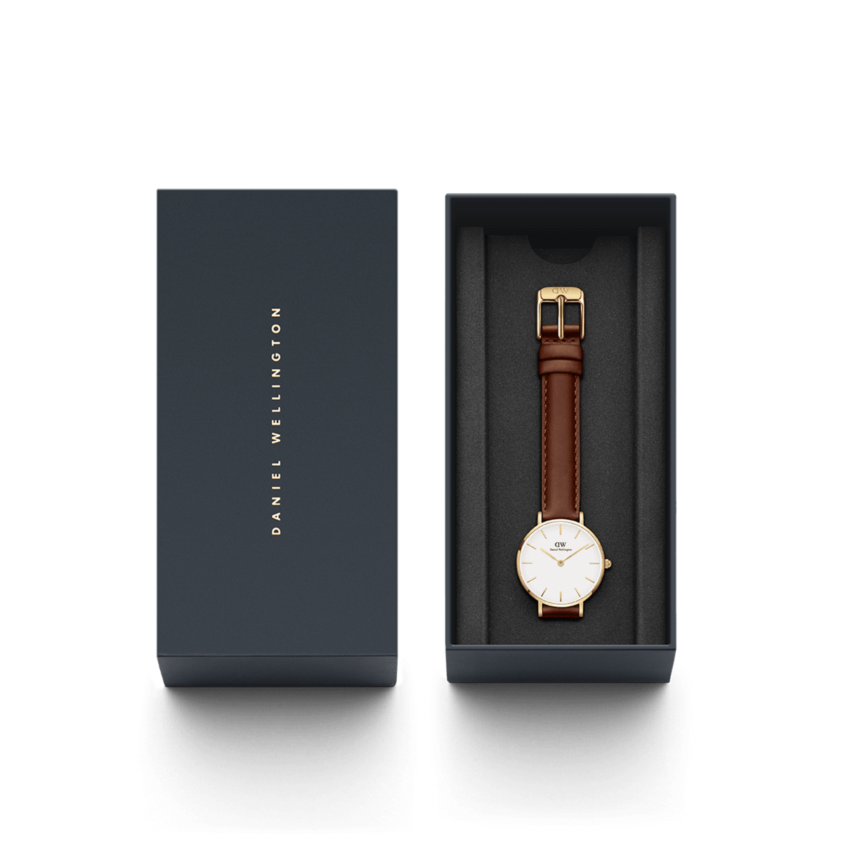 Petite St Mawes Gold ladies' watch with brown leather strap and gold-coloured case in an elegant Daniel Wellington gift box.