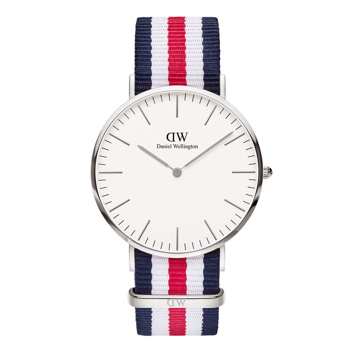 Orologio Classic Canterbury in argento con cassa in acciaio inossidabile, quadrante bianco avorio e cinturino NATO tricolore (blu, bianco e rosso) su sfondo bianco.