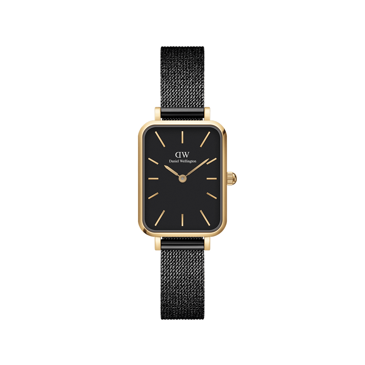 Elegant rectangular ladies' watch with black dial, gold-coloured details and black stainless steel mesh strap.