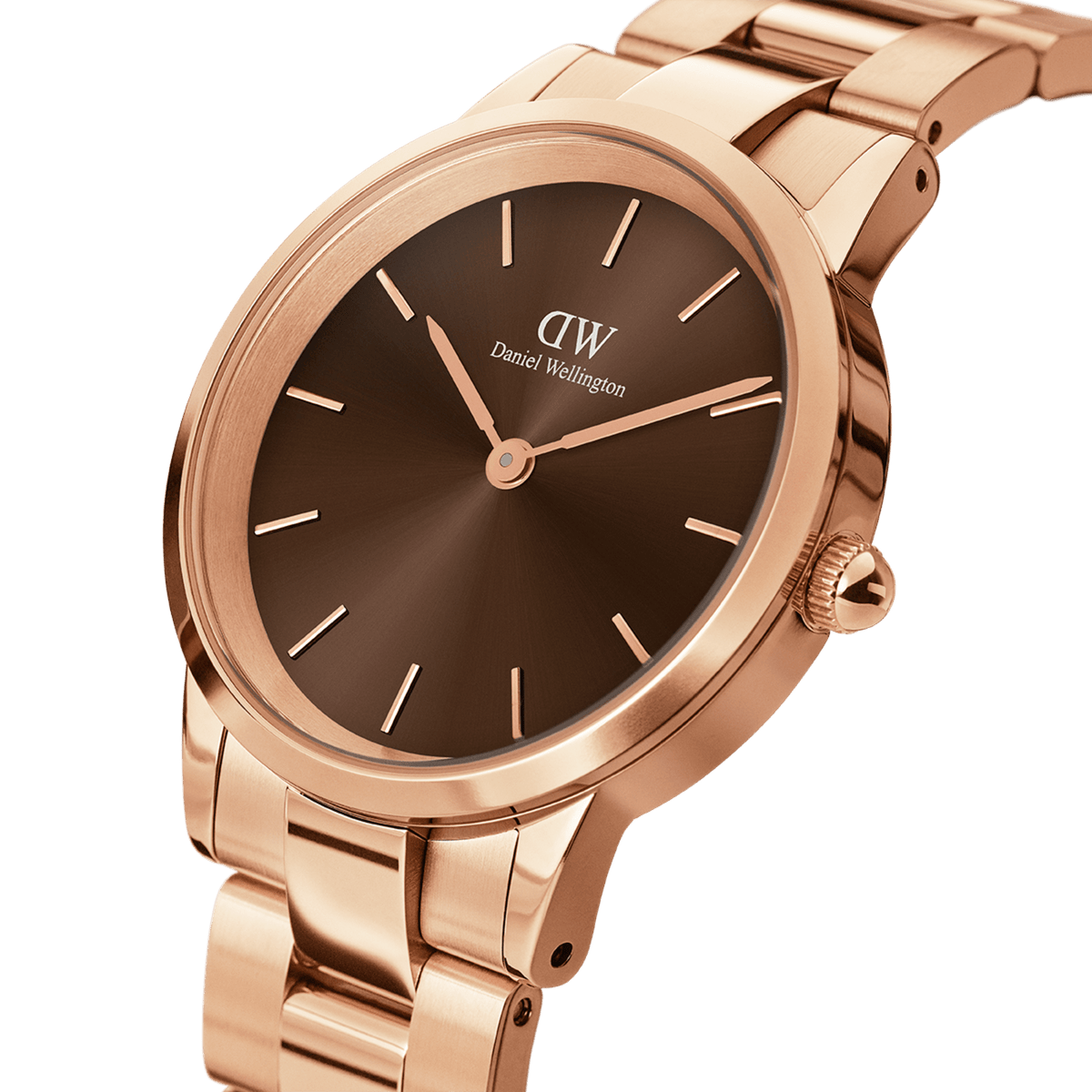 Close-up view of the Iconic Link Amber ladies' watch by Daniel Wellington with a rose gold stainless steel bracelet and fine brown sunray dial.