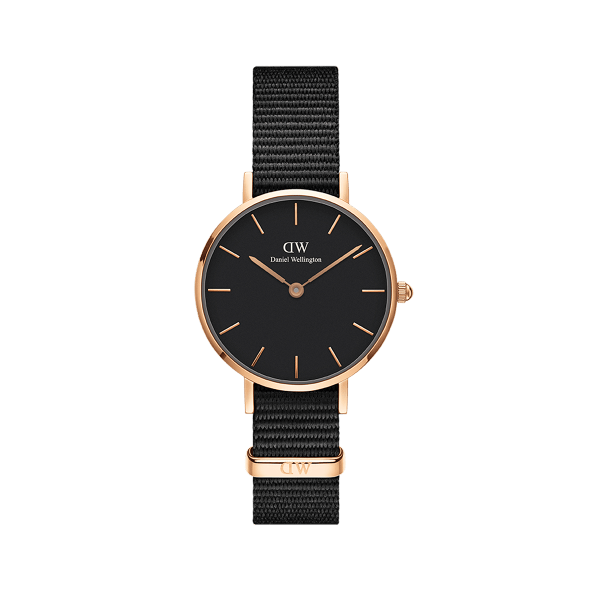 Elegant ladies' watch with a round rose gold case, black dial, and black NATO strap made of textile.