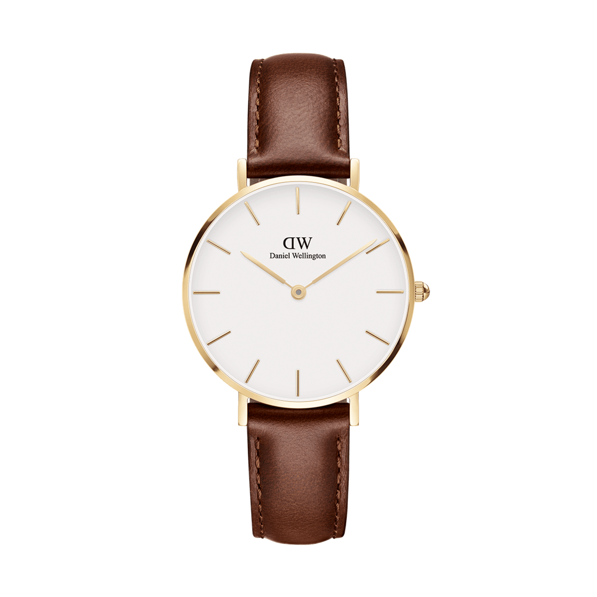 Minimalist ladies' watch Petite St Mawes Gold with gold-coloured stainless steel case, eggshell white dial and brown leather strap.