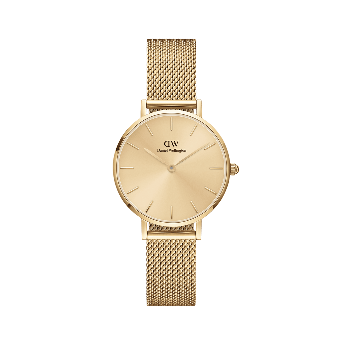 Gold Daniel Wellington Petite Unitone women's watch with a minimalist dial and a fine, adjustable mesh strap made of stainless steel.