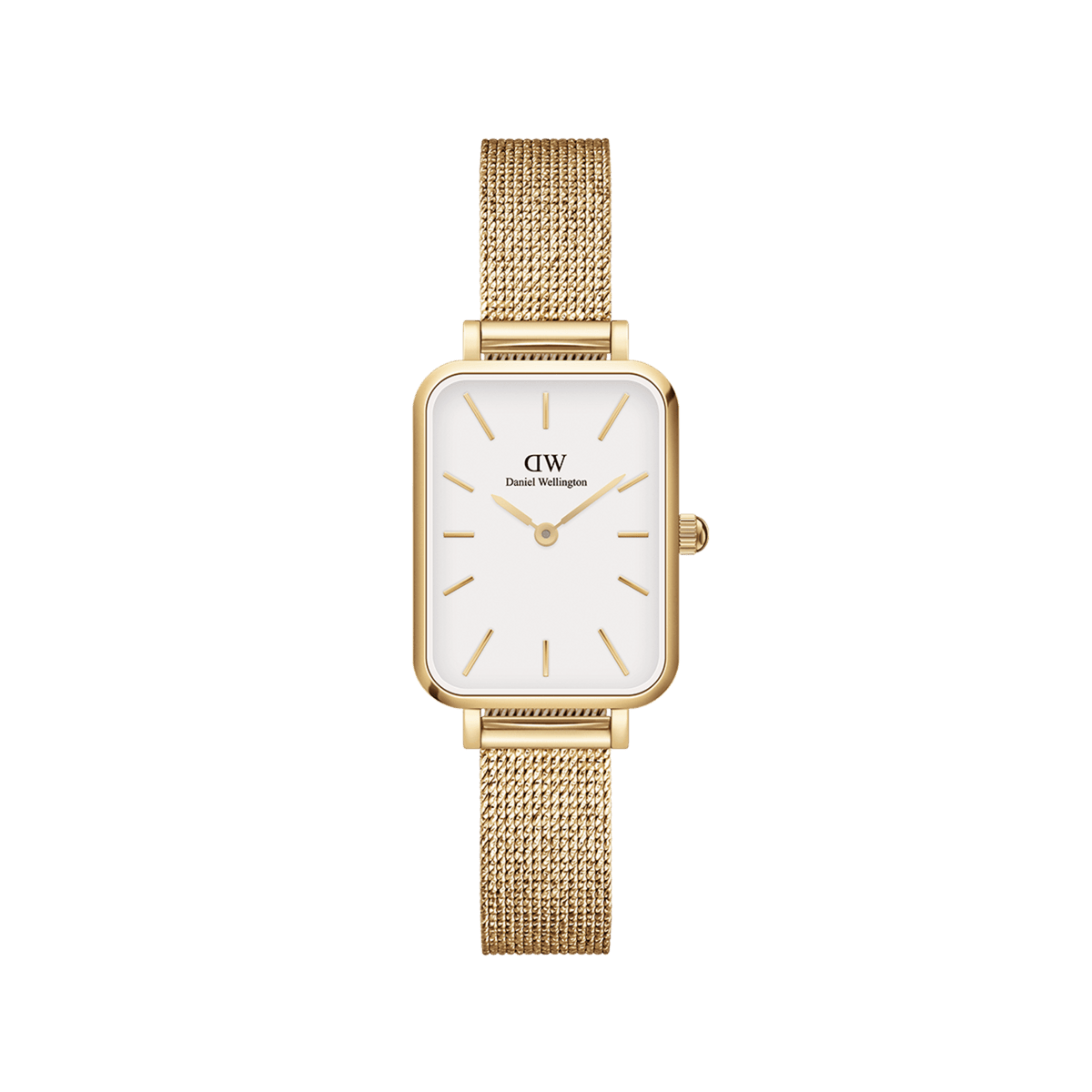 Rectangular ladies' watch with gold-coloured mesh strap, white dial and minimalist gold indices.