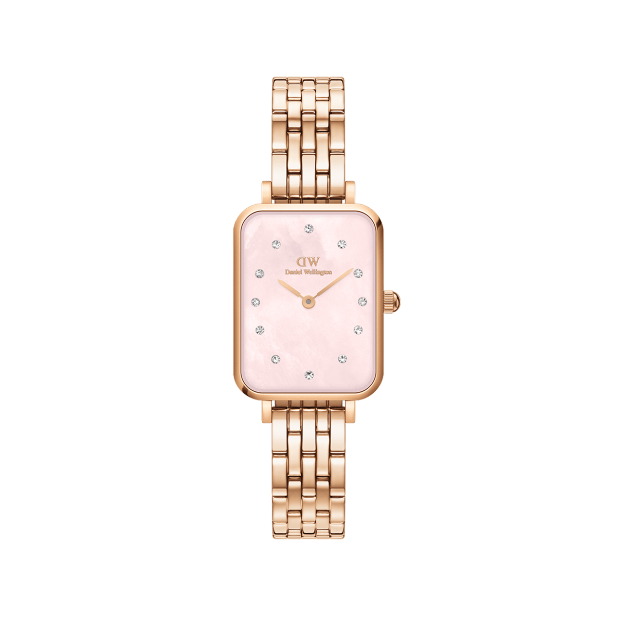 Orologio da donna Quadro Lumine con cassa rettangolare in acciaio placcato oro rosa. Il quadrante in madreperla rosa è impreziosito da dodici cristalli, mentre il cinturino a cinque maglie in acciaio inossidabile presenta una finitura oro rosa.