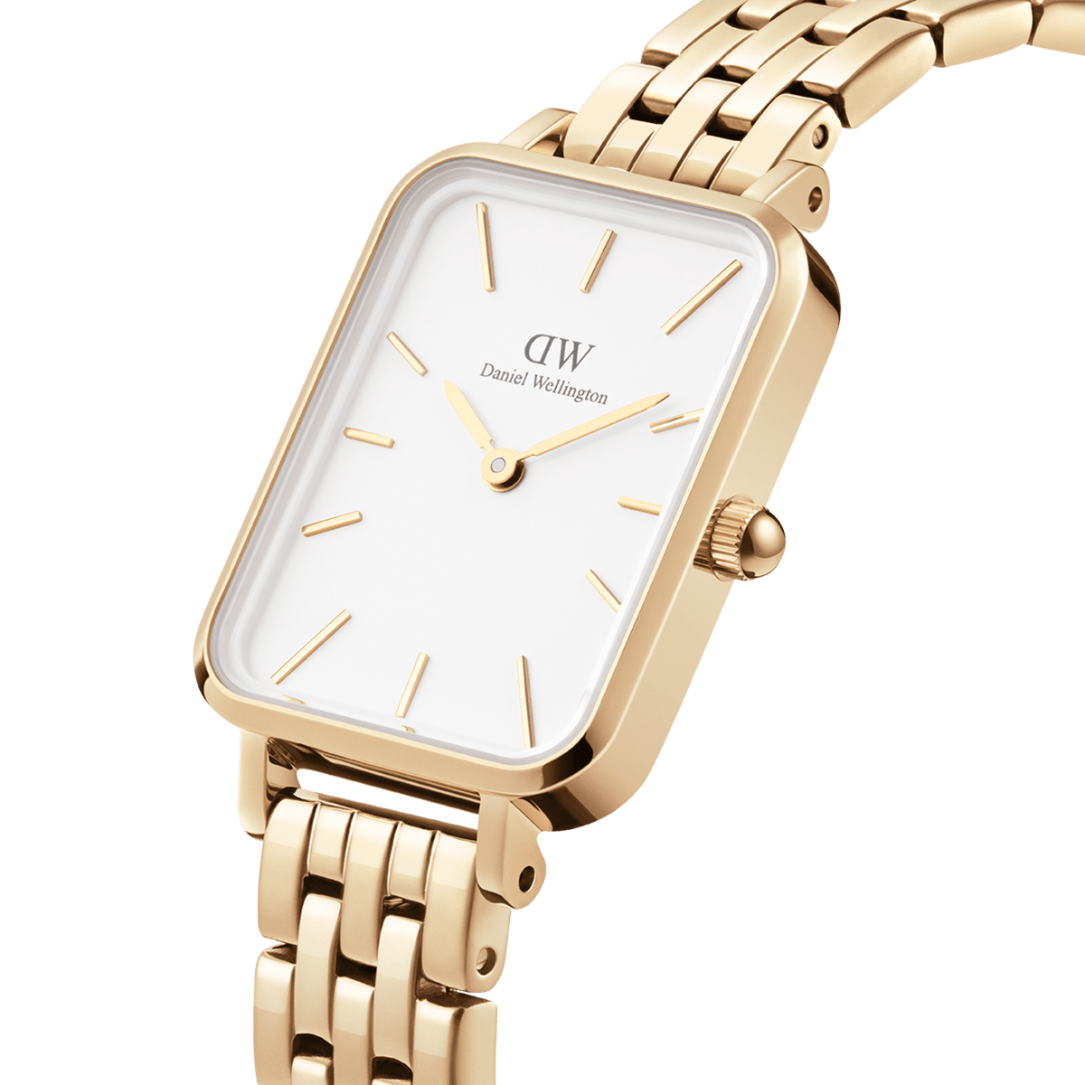 Close-up view of the Quadro 5-Link Evergold ladies' watch with a rectangular gold-coloured case, eggshell white dial, and elegant 5-link stainless steel bracelet.