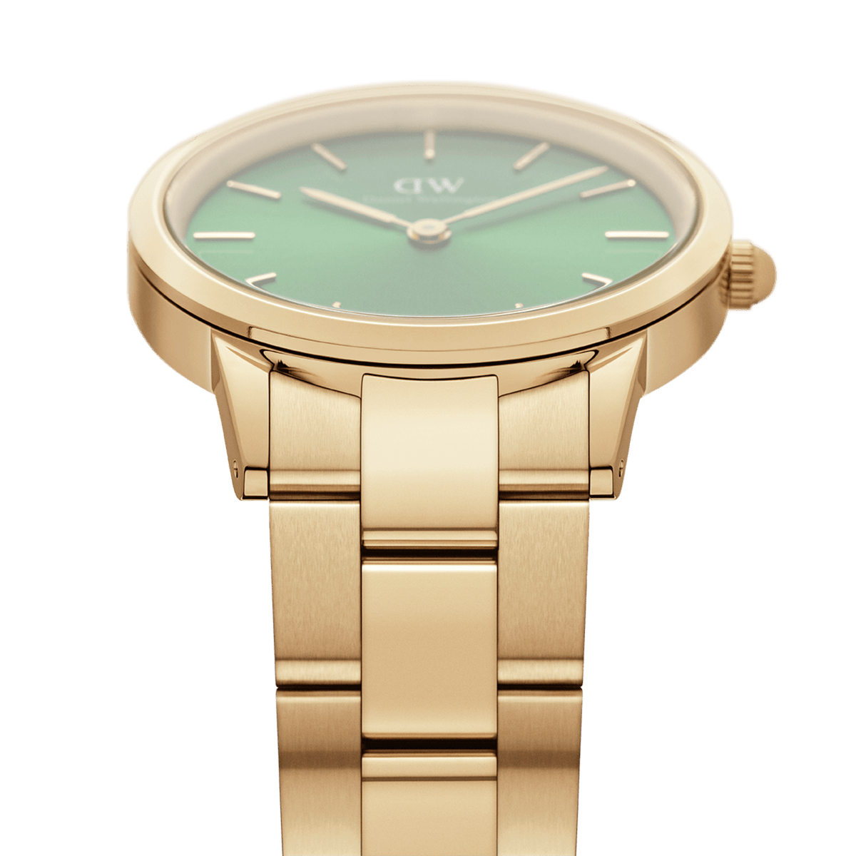 Detailed view of the Iconic Link Emerald Gold women's watch with gold-coloured stainless steel strap and green dial.