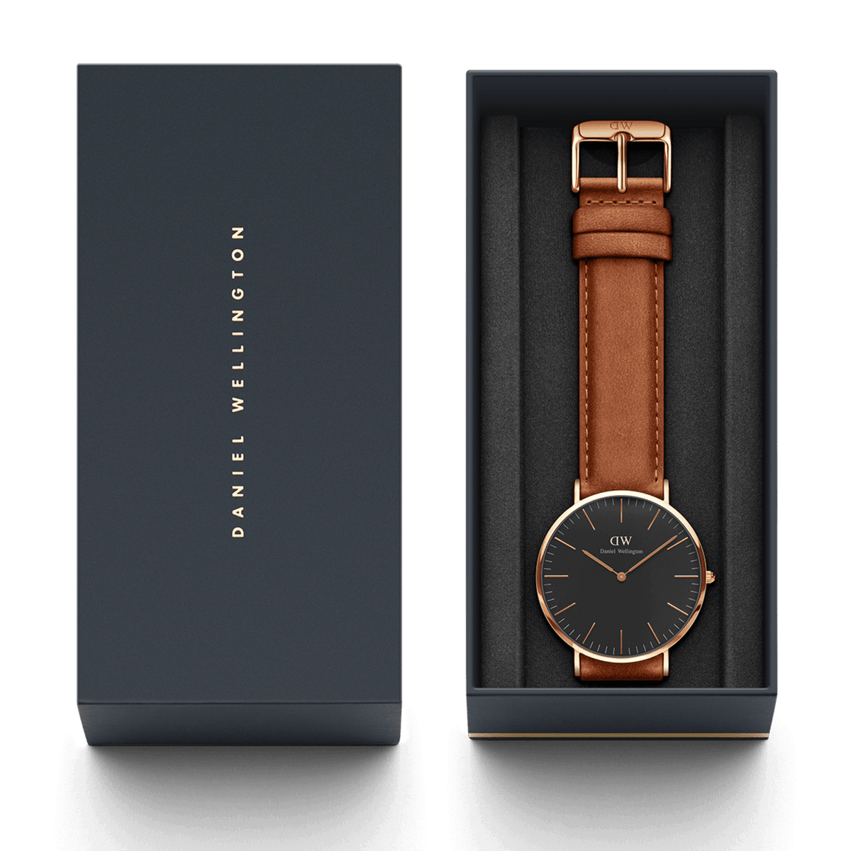 Orologio Classic Durham in colore nero e oro rosa, completo di confezione regalo Daniel Wellington antracite. Dotato di cinturino in pelle marrone e cassa in oro rosa.