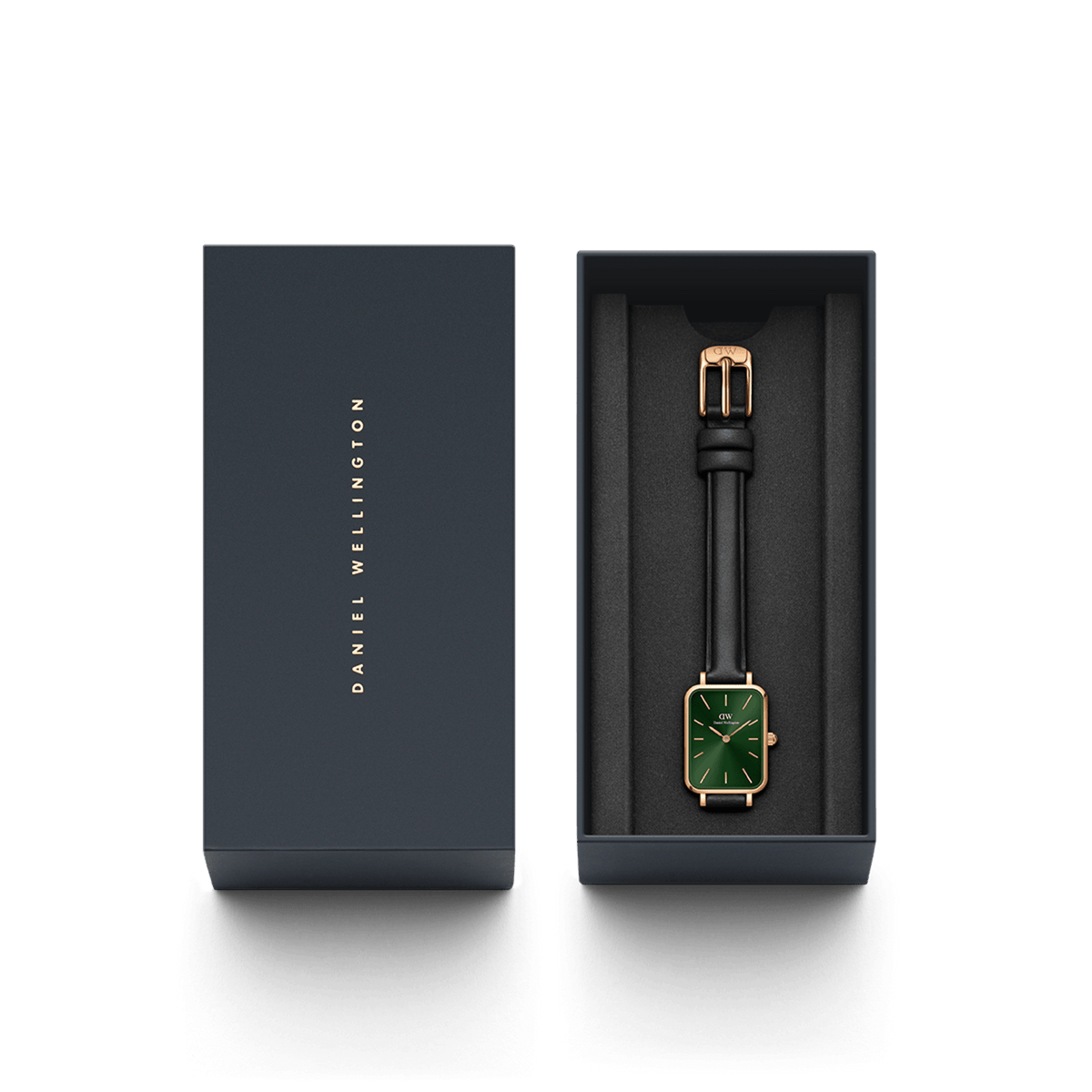Daniel Wellington Quadro Pressed Sheffield Emerald Rose Gold with green dial and black leather strap in an elegant gift box.