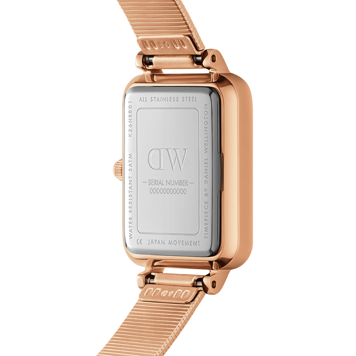 Back of the Quadro Lumine Pressed Piano ladies' watch with engraved stainless steel case back, rose gold case and pressed piano link bracelet.