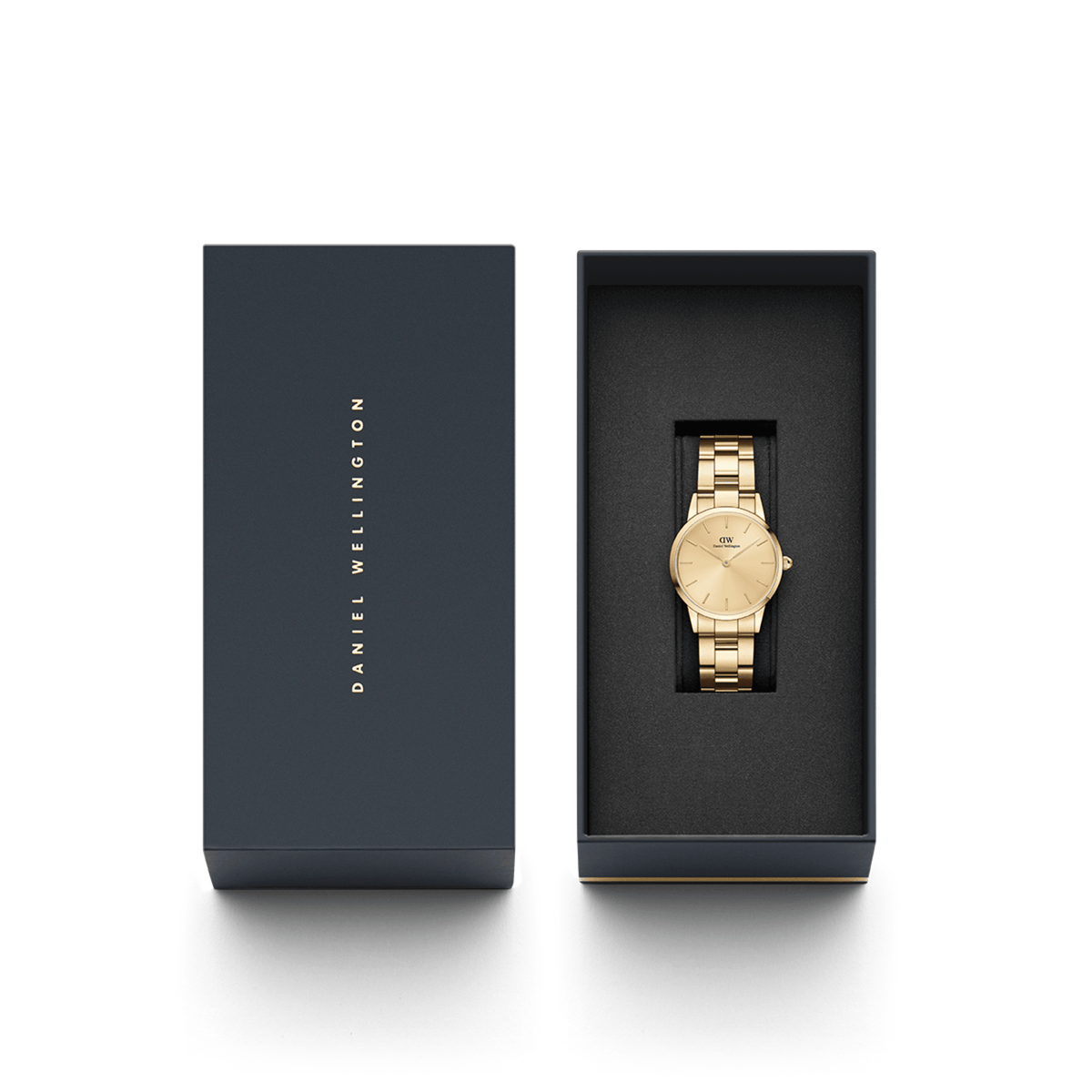 Gold Daniel Wellington Iconic Link Unitone G women's watch in an elegant gift box with black interior.