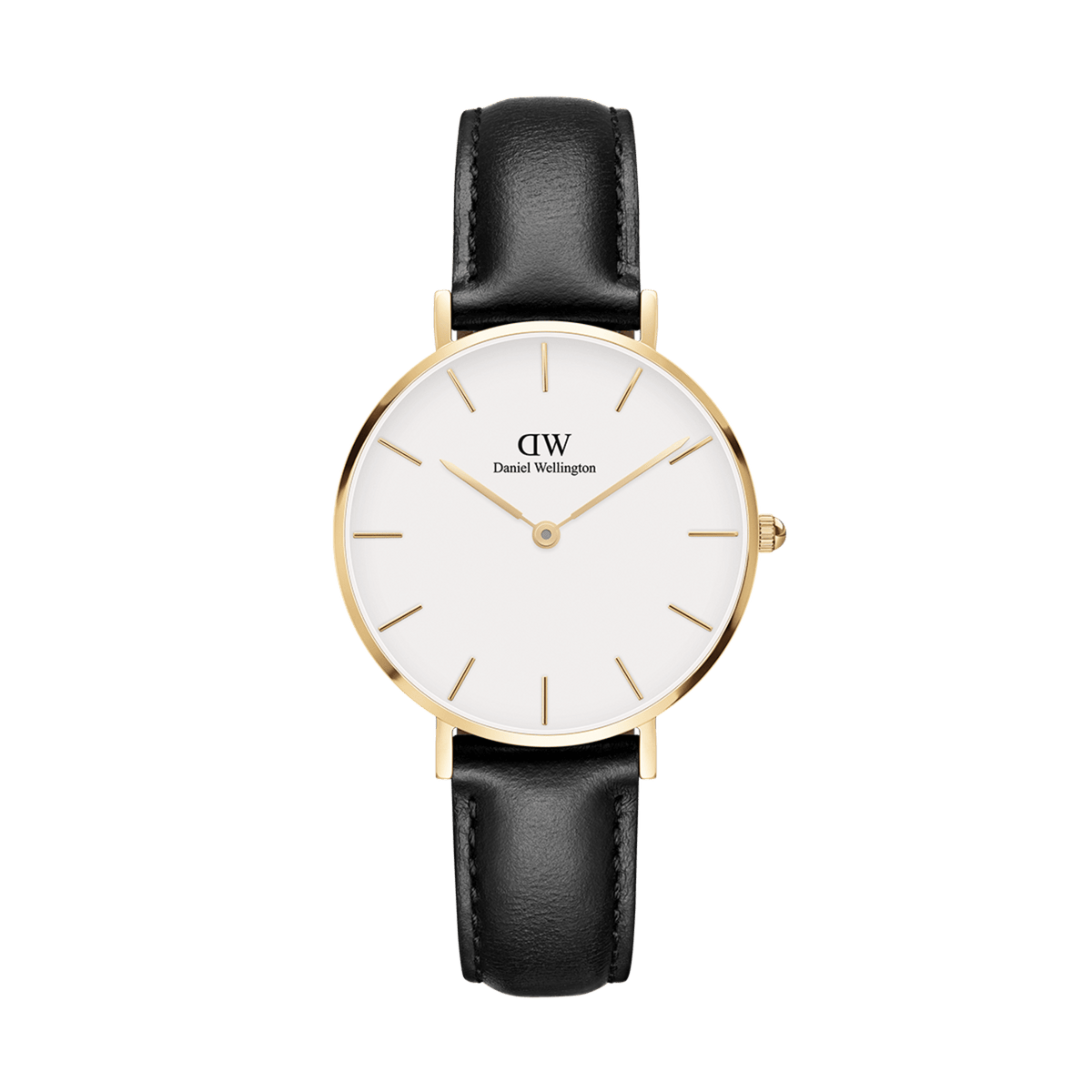 Petite Sheffield Gold women's watch with gold-coloured stainless steel case, white dial and black leather strap in a classic design.