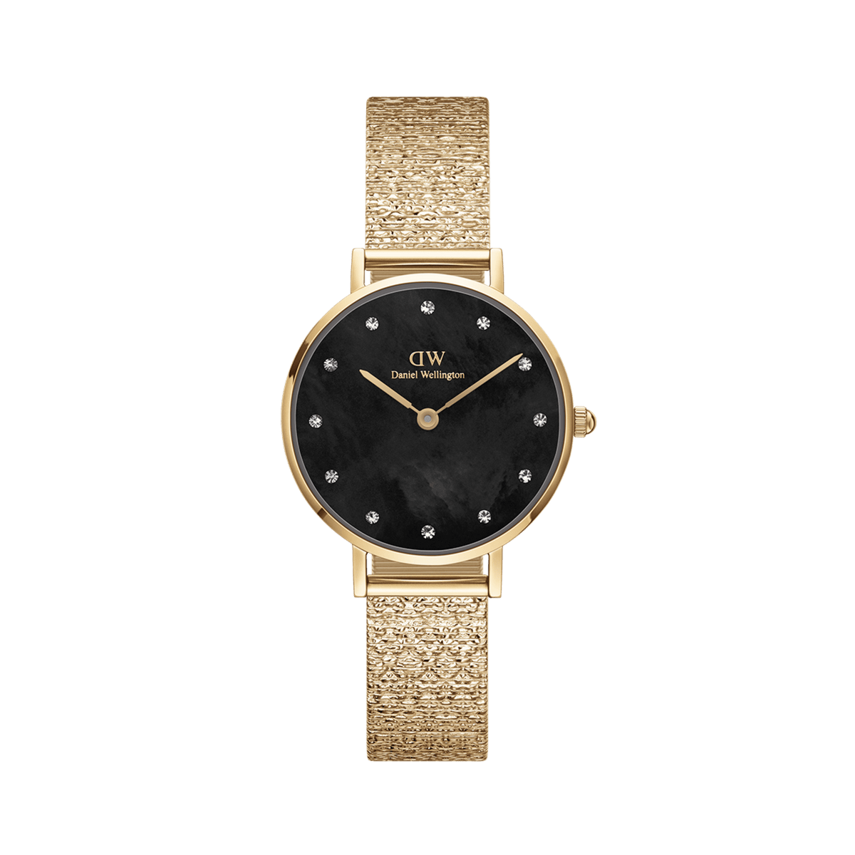 Elegant gold women's watch with a textured link bracelet, round case, black mother-of-pearl dial and sparkling crystal indices.