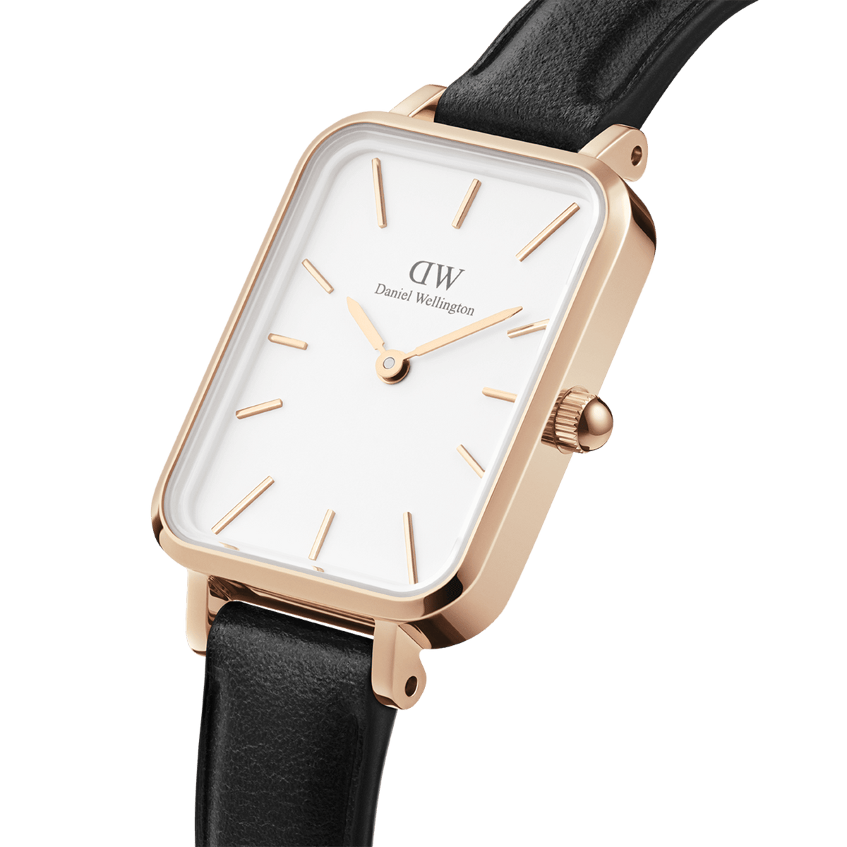 Close-up view of the Quadro Pressed Sheffield ladies' watch with a rectangular rose gold case, white dial and black leather strap.