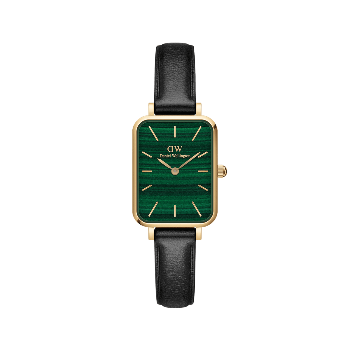 Elegant women's watch with a rectangular gold-coloured case, green malachite-look dial, and black leather strap.