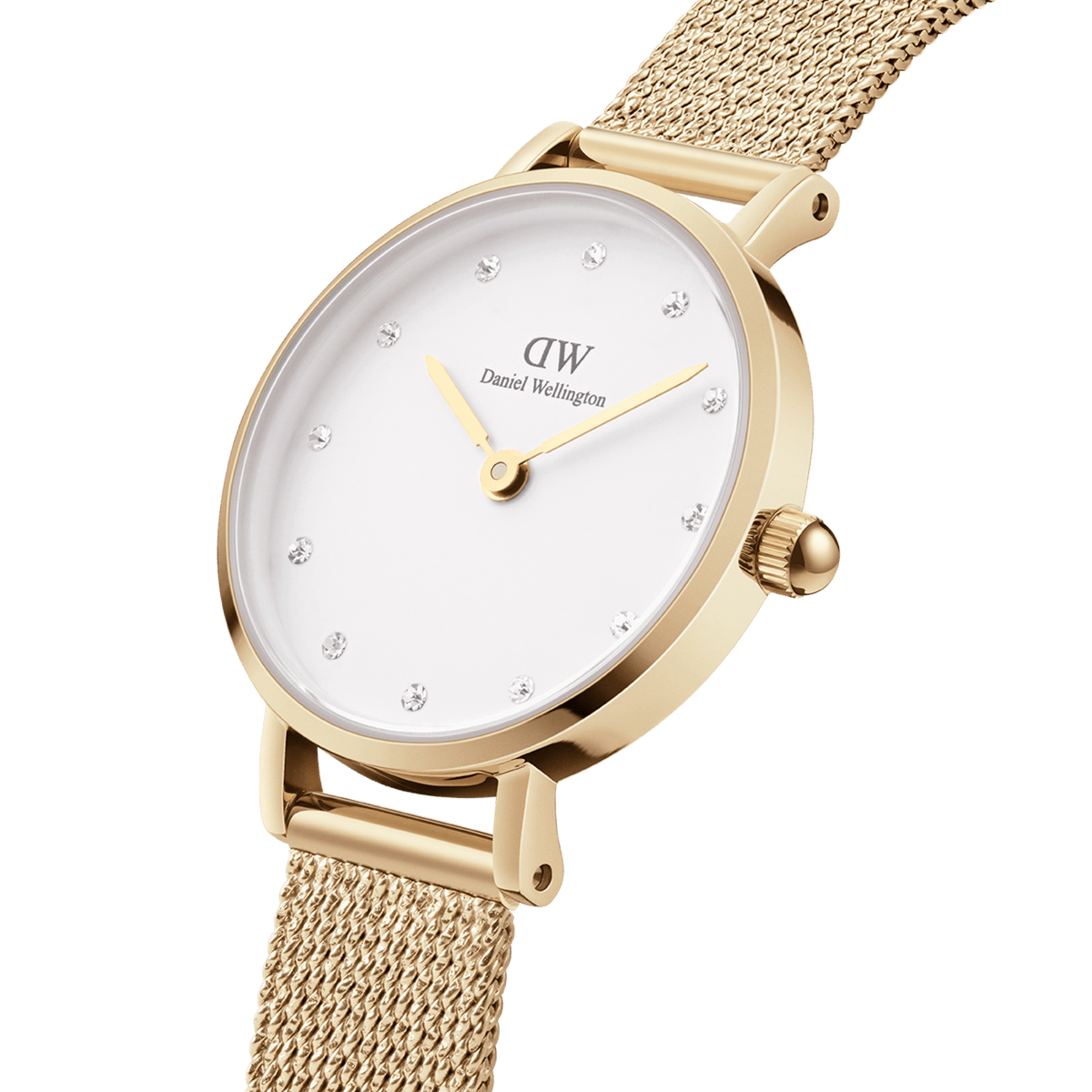 Close-up view of a gold-coloured women's Petite Lumine Pressed Evergold watch with a white dial, delicate mesh strap and sparkling crystal indices.