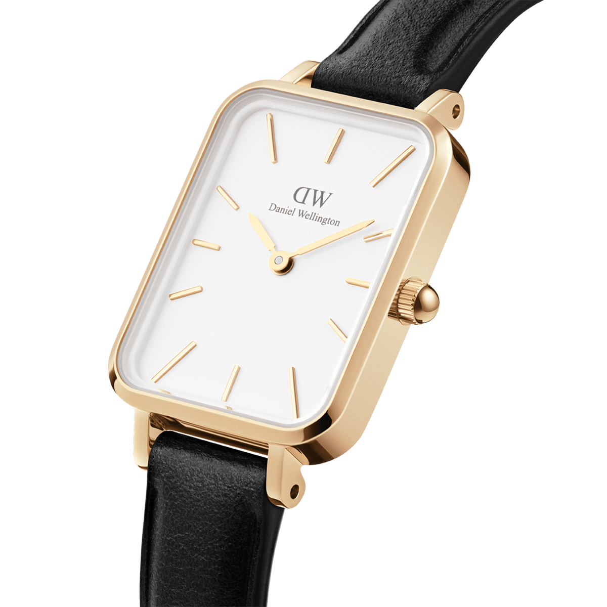Close-up view of the Quadro Pressed Sheffield Gold ladies' watch with rectangular gold-coloured case, eggshell white dial and black leather strap.