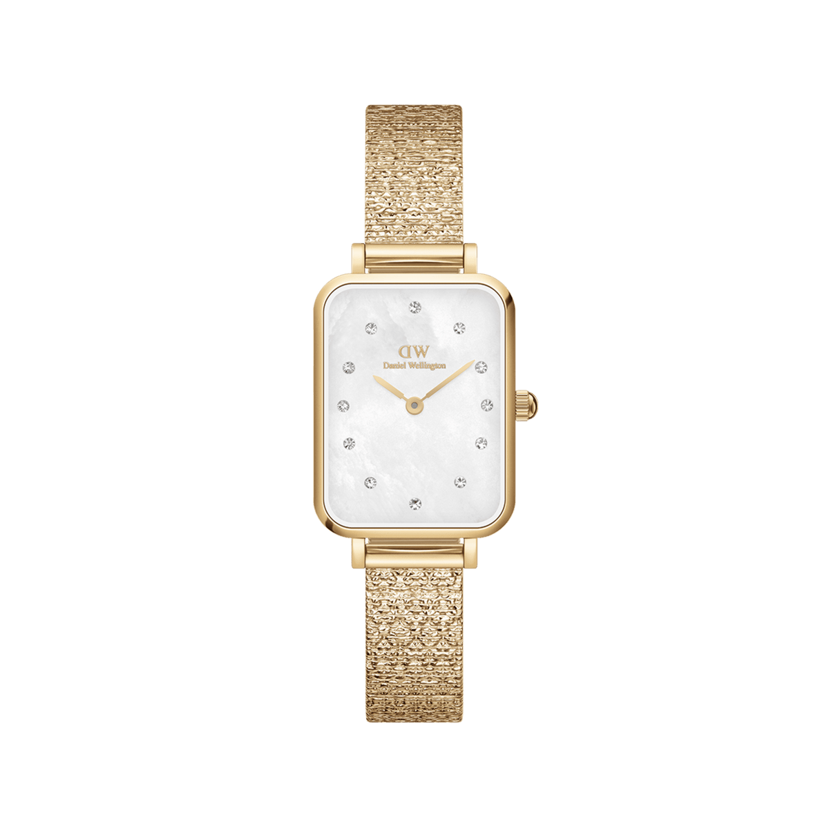 Rectangular gold ladies' watch with a white mother-of-pearl dial, sparkling crystal indices, and a delicate pressed piano link stainless steel bracelet.