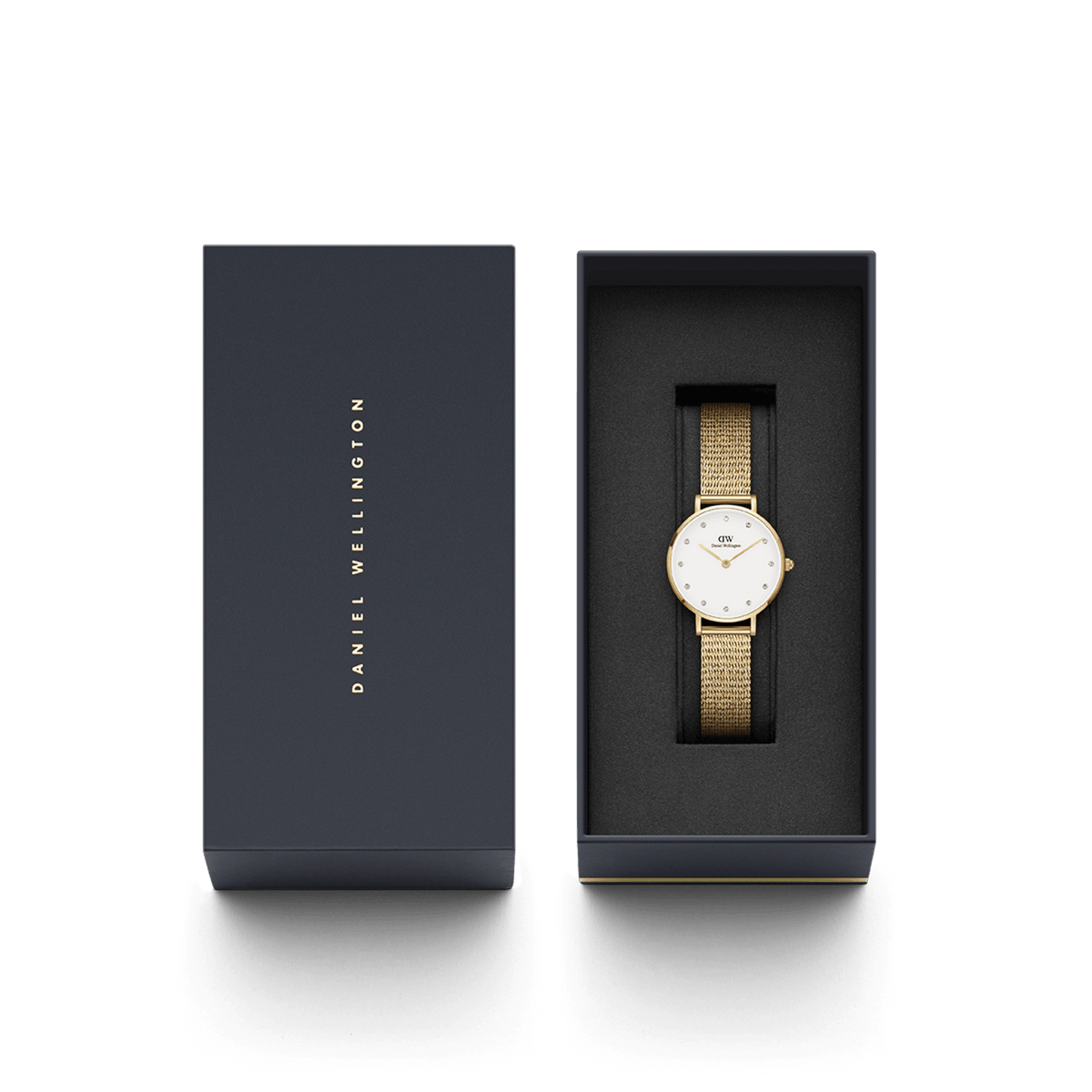 Gold-coloured Petite Lumine Pressed Evergold women's watch with white dial and mesh strap, stylishly presented in an elegant Daniel Wellington gift box.