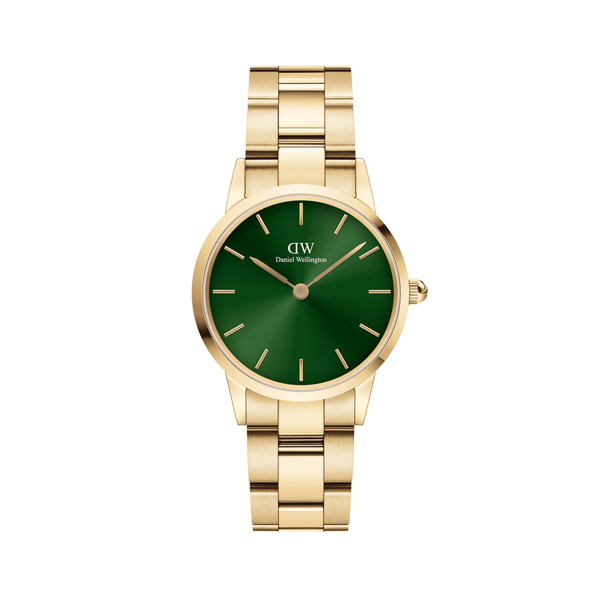 Elegant women's watch with gold-coloured stainless steel strap and emerald green dial, minimalist design and gold indices.