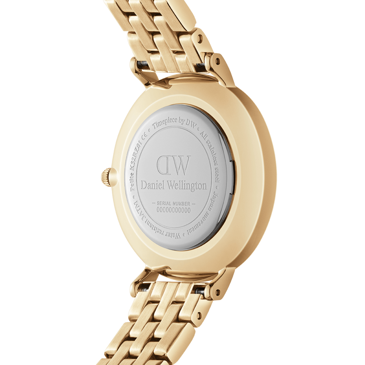 Back view of the gold Petite 5-Link Evergold women's watch with engraved Daniel Wellington logo and 5-link stainless steel bracelet.