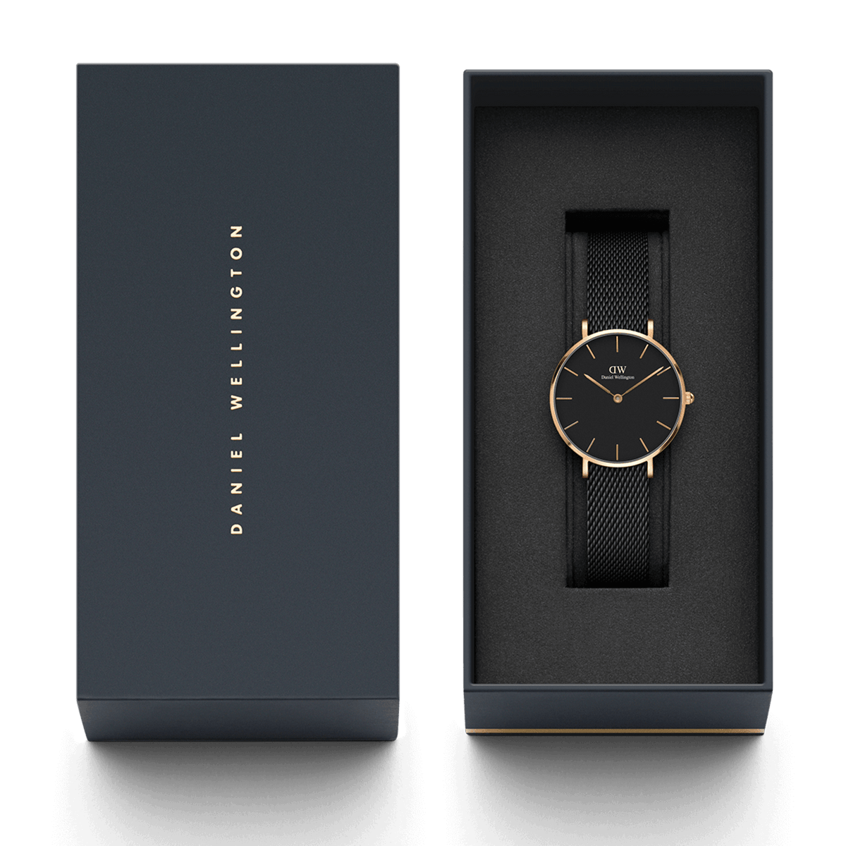 Daniel Wellington Petite Ashfield women's watch with black mesh strap and rose gold case, stylishly presented in an elegant gift box.