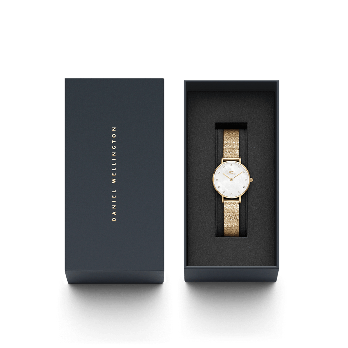 Petite Lumine Pressed Piano Gold women's watch with a gold-coloured link bracelet and white mother-of-pearl dial, stylishly presented in an elegant Daniel Wellington gift box.