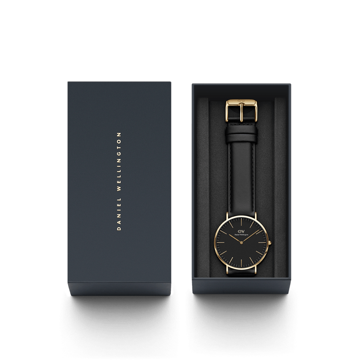 Daniel Wellington Classic Sheffield Gold watch with black leather strap and gold details in an elegant gift box.