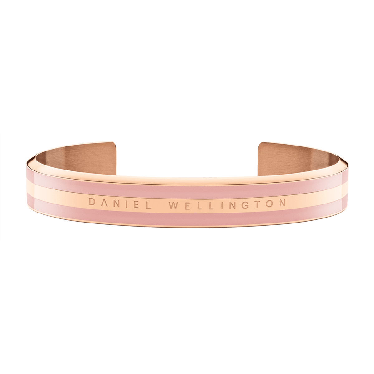 Bracciale rigido in acciaio inossidabile *Emalie Dusty Rose Rose Gold*, caratterizzato da fasce alternate in oro rosa lucido e smalto effetto rosa polvere. Larghezza 9 mm.