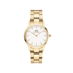 The Daniel Wellington Iconic Link women's watch features a gold-coloured stainless steel link bracelet, a white dial, and minimalist gold indices.