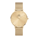 Elegant gold women's watch Daniel Wellington Petite Unitone with a minimalist dial and finely crafted mesh strap made of polished stainless steel.