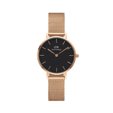 Rose gold Daniel Wellington Petite Melrose women's watch with black dial and fine, adjustable mesh strap.