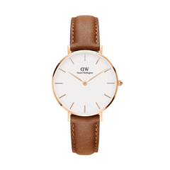 Minimalist ladies' watch Petite Durham by Daniel Wellington with a round rose gold case, white dial, and light brown genuine leather strap.