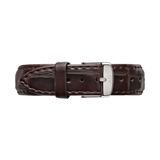 York watch strap made from deep brown leather with crocodile embossing and silver pin buckle, suitable for various watch sizes.