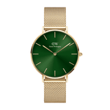 Elegant women's watch with gold-coloured mesh strap and green sunray dial by Daniel Wellington.
